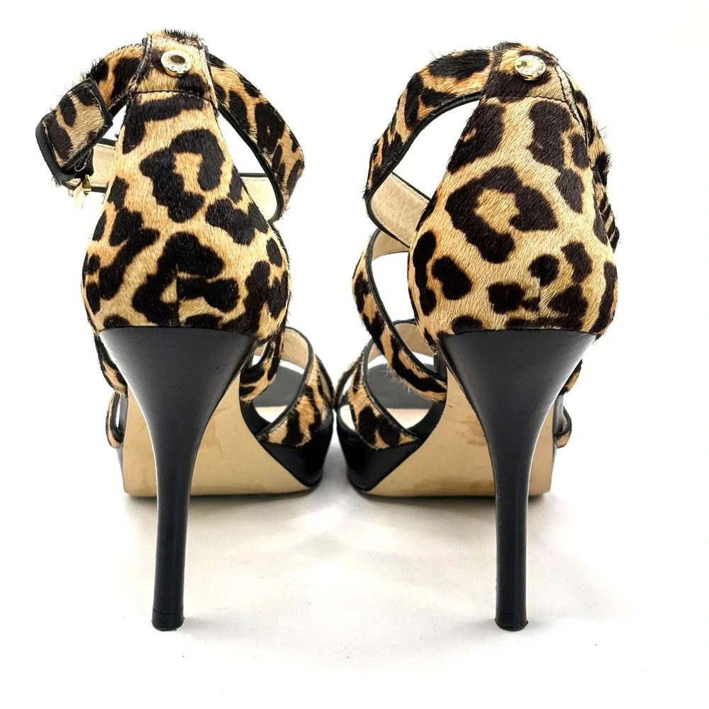 Michael Kors Women Leopard Print Calf Hair Platform Stiletto Sandals Brown Black